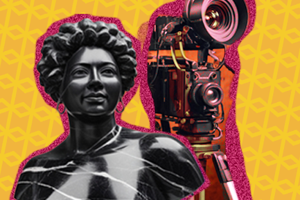 Estátua de uma mulher negra segurando uma câmera, simbolizando a força e a representatividade feminina no audiovisual